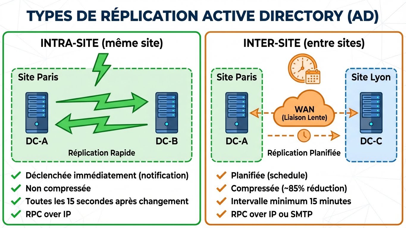 Types de Réplication AD - Intra-Site vs Inter-Site